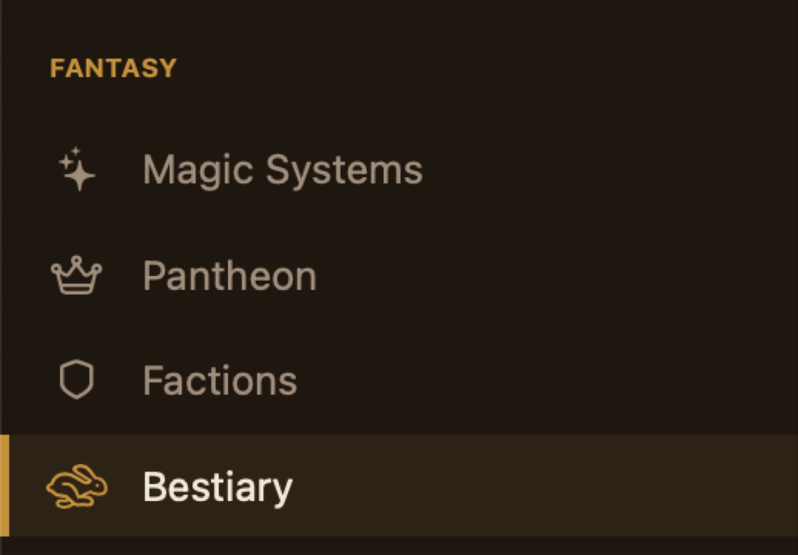 The sidebar's Fantasy section, listing Magic Systems, Pantheon, Factions and
                 Bestiary, with Bestiary selected.